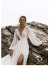 Long Sleeves Ivory Lace Chiffon Boho Beach Slit Wedding Dress